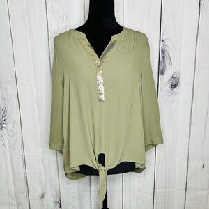 Chicos 2 Size L Blouse Olive Green V-Neck Hi-Low Tie Front Sequin Detail